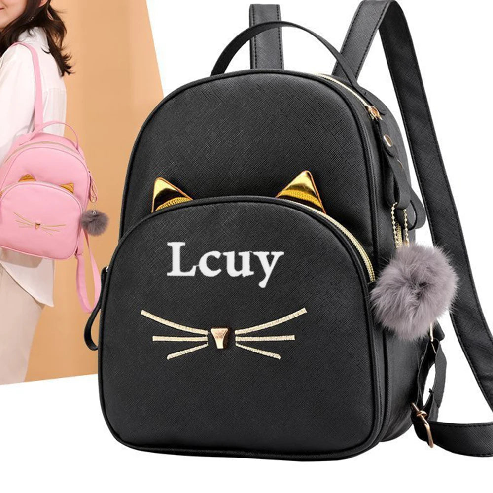 PU Cartoon Cat Backpack Personalized Name Lovely Women's Bag