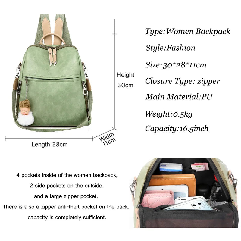 PU Female Backpacks Ladies Leather School Bags Large Capacity