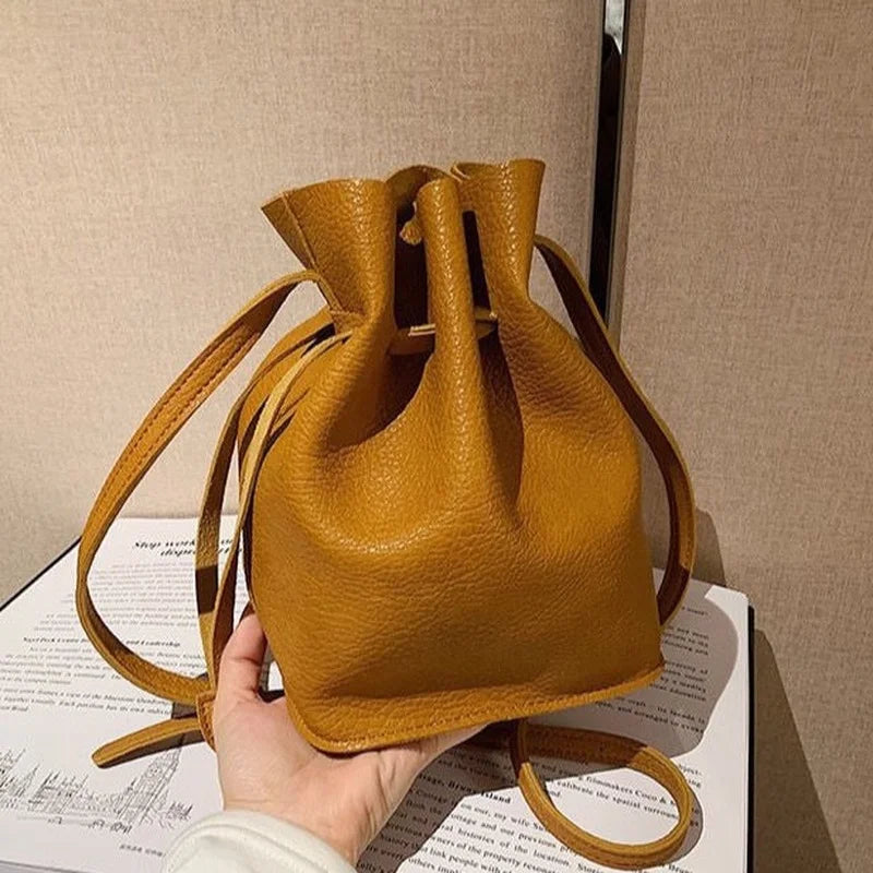PU Leather Mini Bag Drawstring Solid Shoulder Bags Women Crossbody