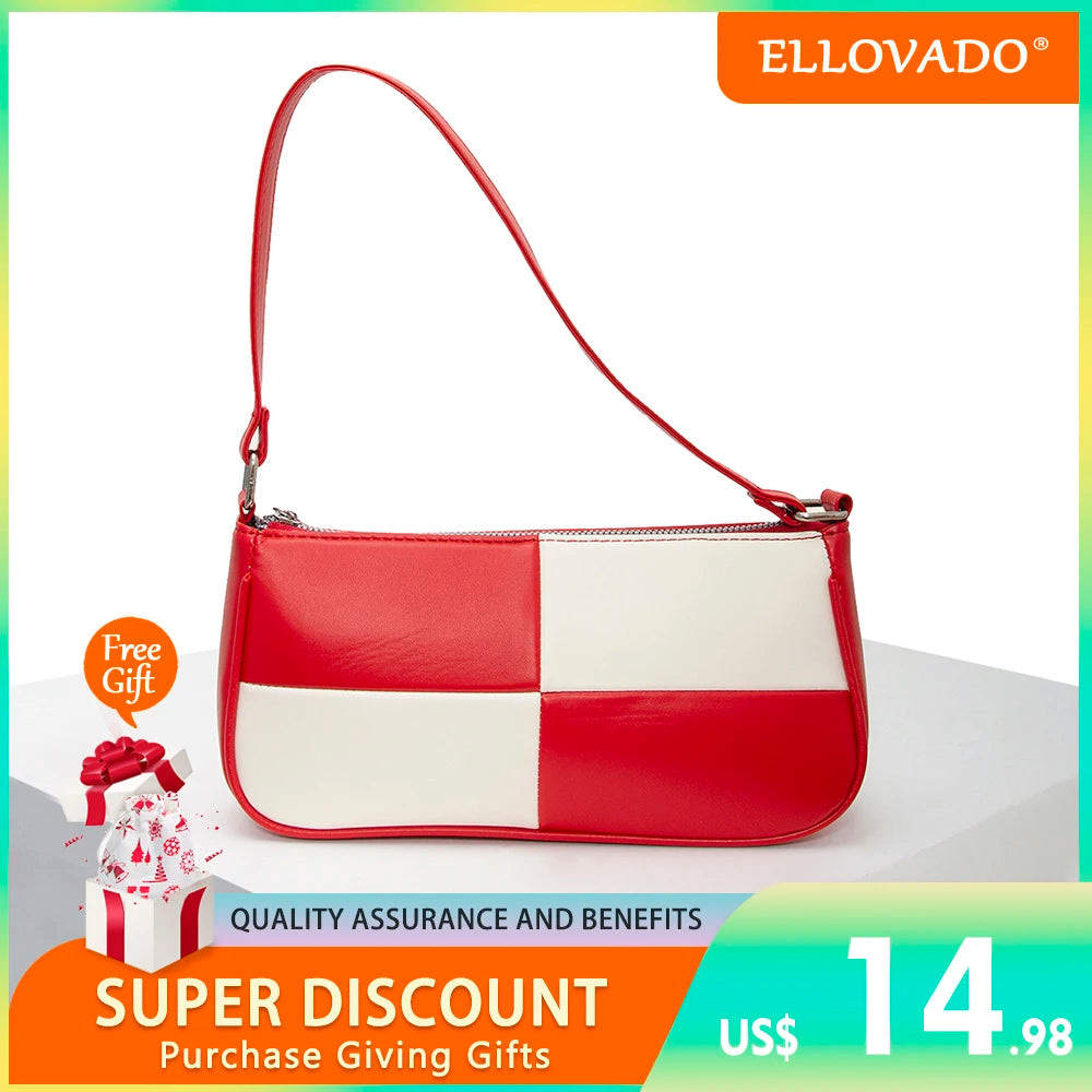 PU Leather Patchwork Underarm Bag Woman Plaid Top Handle Bag
