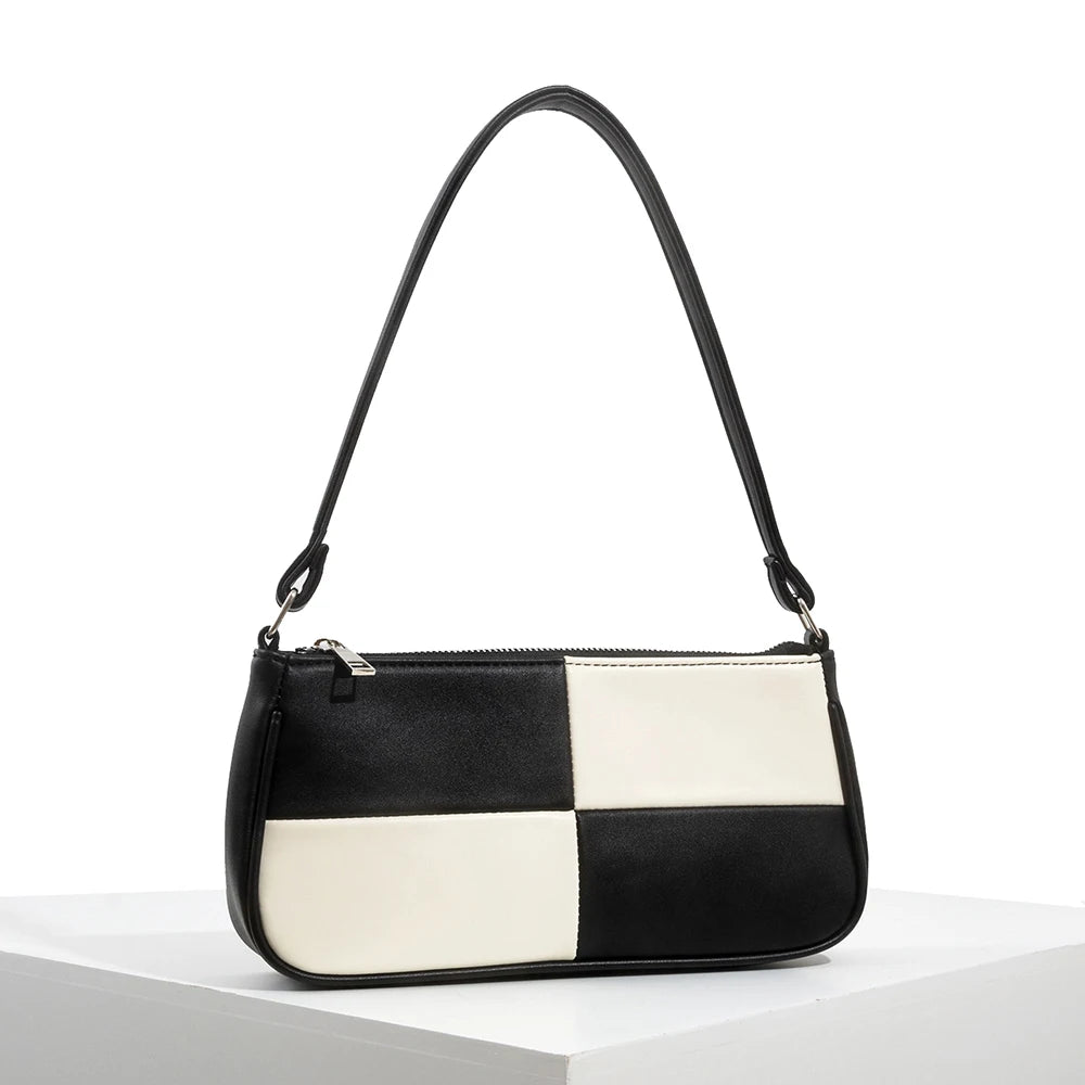 PU Leather Patchwork Underarm Bag Woman Plaid Top Handle Bag