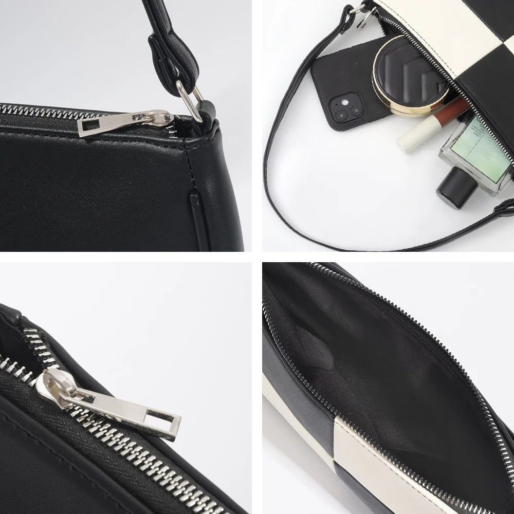 PU Leather Patchwork Underarm Bag Woman Plaid Top Handle Bag