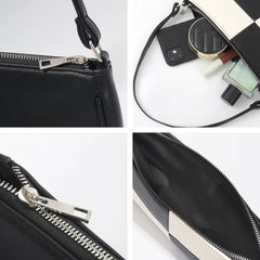 PU Leather Patchwork Underarm Bag Woman Plaid Top Handle Bag