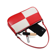 PU Leather Patchwork Underarm Bag Woman Plaid Top Handle Bag