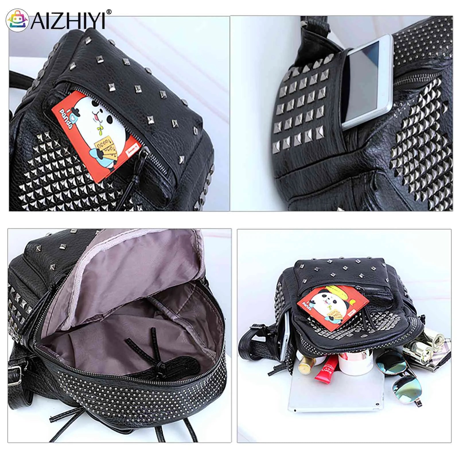 Studded PU Leather Backpack Multi-pocket Top Handle Mini Daypack