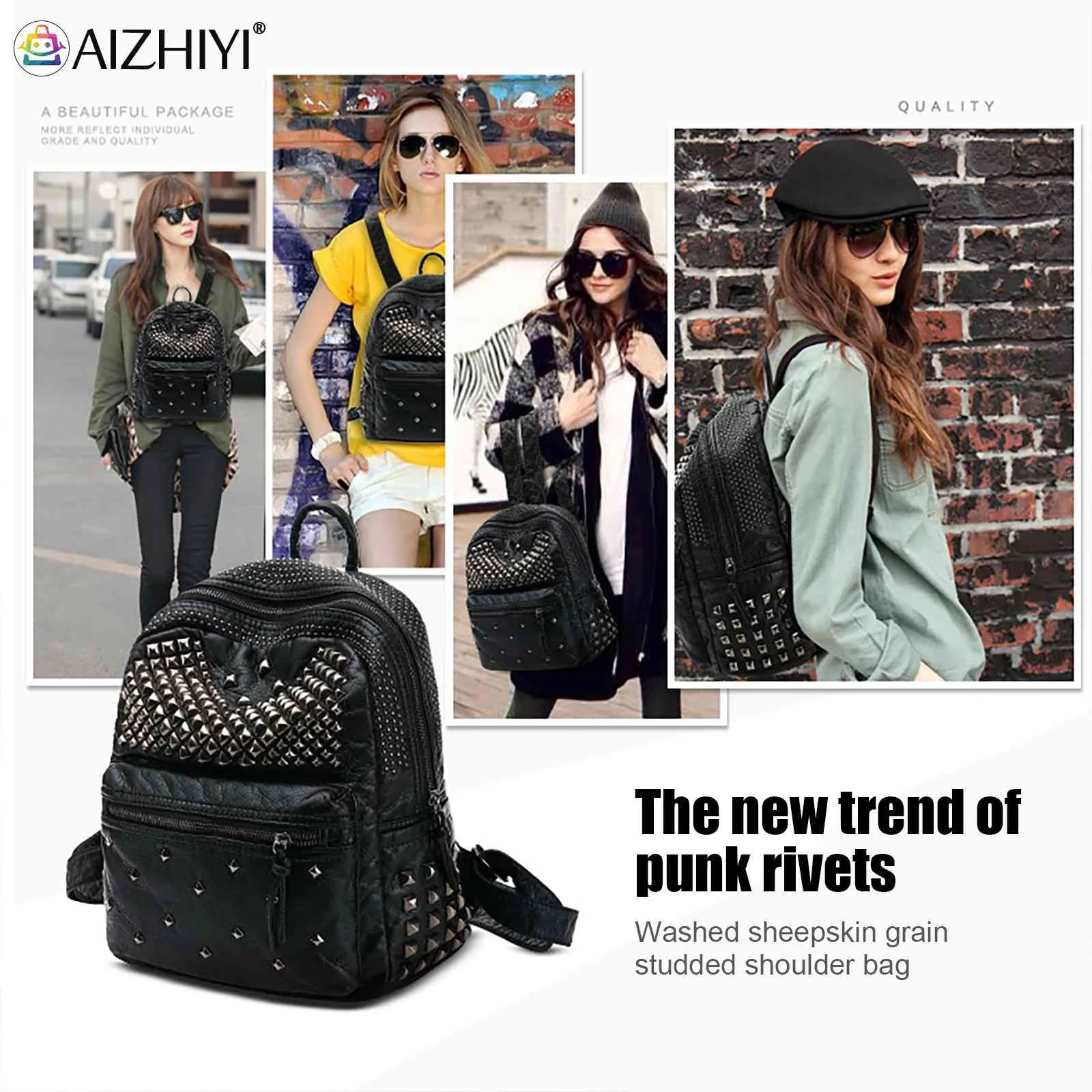 Studded PU Leather Backpack Multi-pocket Top Handle Mini Daypack