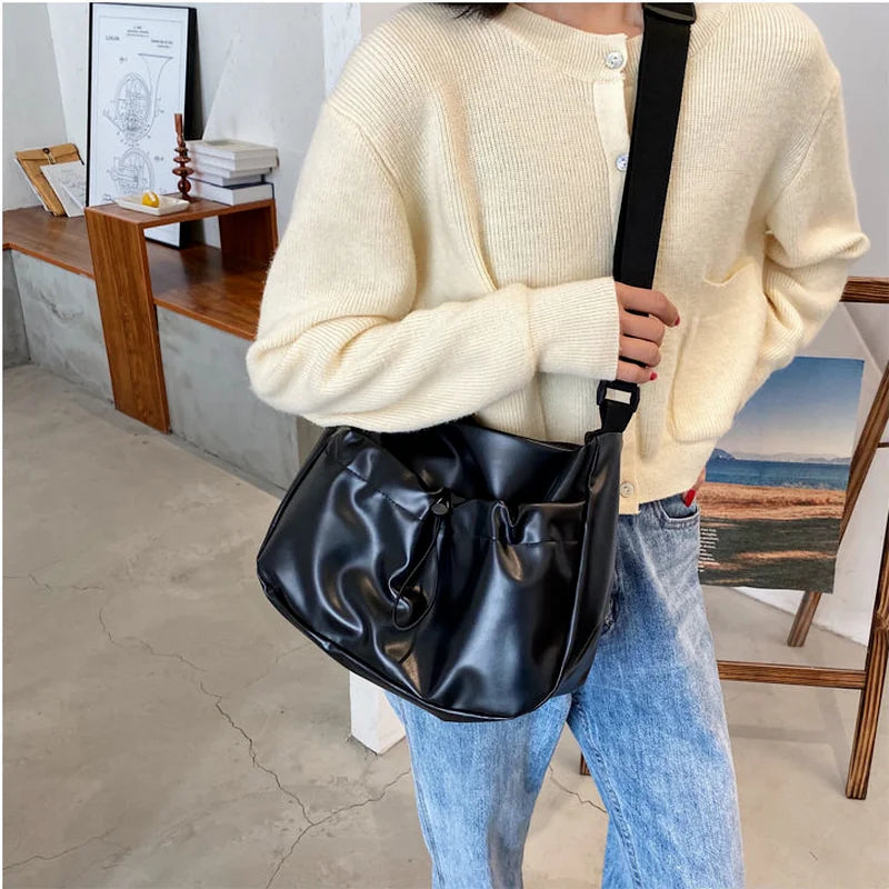 PU Leather Shoulder Bags Women Drawstring Solid Casual Cross Body All-match