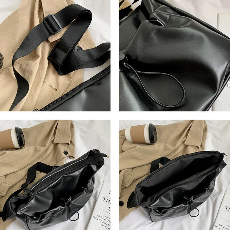 PU Leather Shoulder Bags Women Drawstring Solid Casual Cross Body All-match