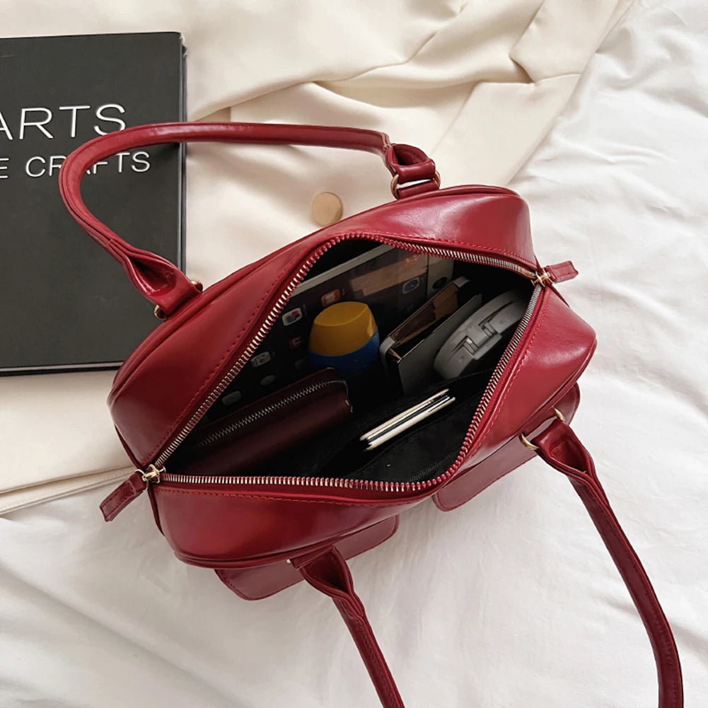 PU Leather Shoulder Handbags Double Pocket Shopping Bag Solid Armpit Bag