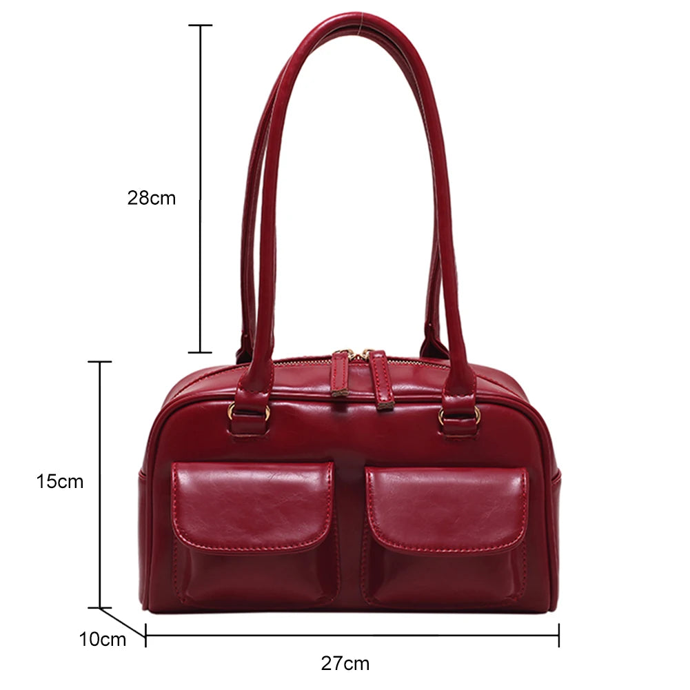 PU Leather Shoulder Handbags Double Pocket Shopping Bag Solid Armpit Bag