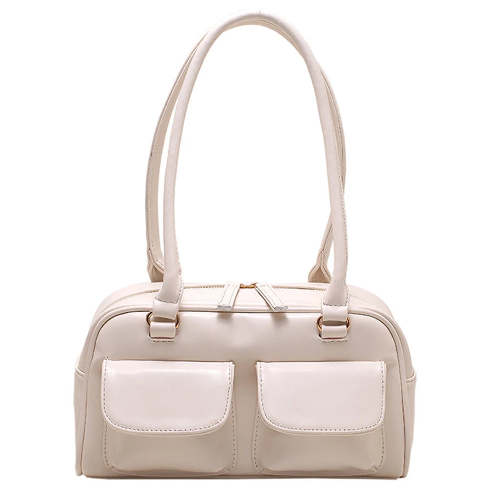 PU Leather Shoulder Handbags Double Pocket Shopping Bag Solid Armpit Bag