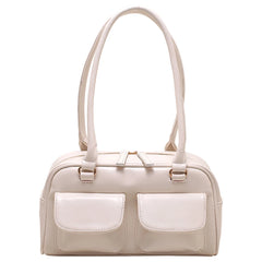 PU Leather Shoulder Handbags Double Pocket Shopping Bag Solid Armpit Bag