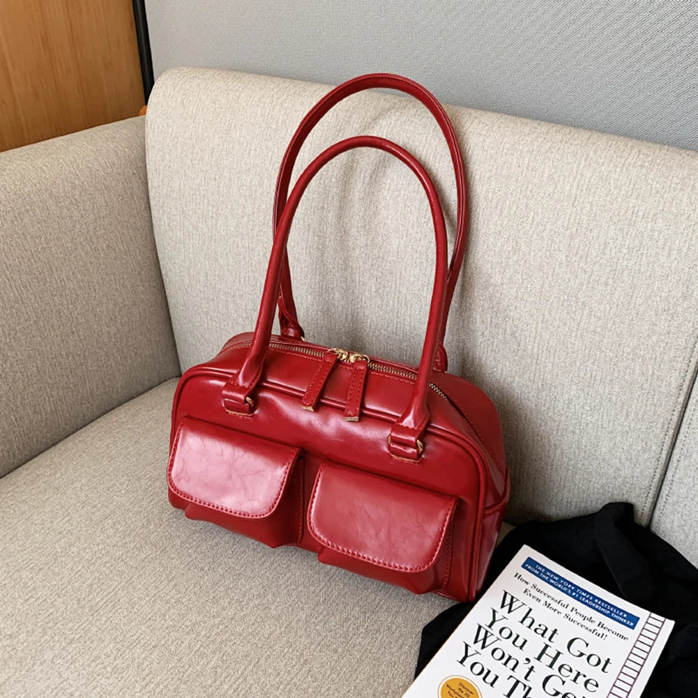 PU Leather Shoulder Handbags Double Pocket Shopping Bag Solid Armpit Bag