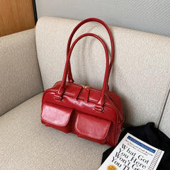 PU Leather Shoulder Handbags Double Pocket Shopping Bag Solid Armpit Bag