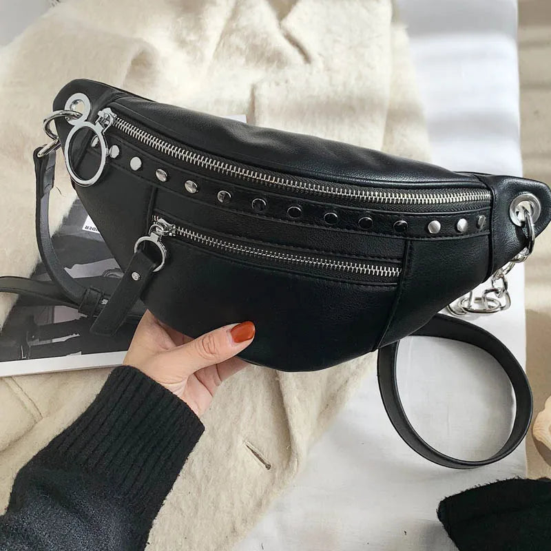 PU Leather Women Chest Bag Waist Bag Solid Banana Bag Travel Phone Pouch