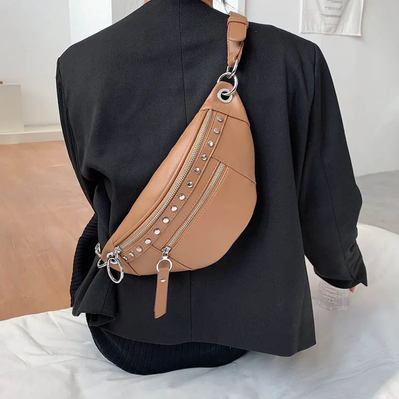 PU Leather Women Chest Bag Waist Bag Solid Banana Bag Travel Phone Pouch