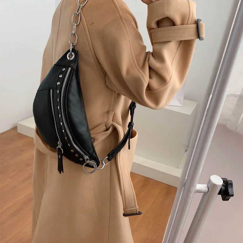 PU Leather Women Chest Bag Waist Bag Solid Banana Bag Travel Phone Pouch