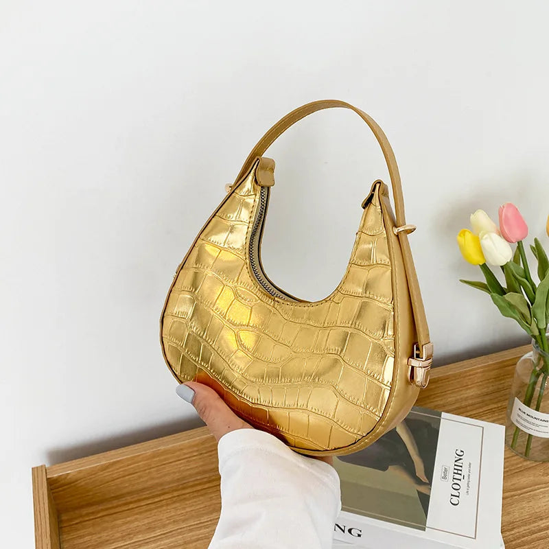 PU Leather Women Handbag Purses Double Zip Crescent Shoulder B