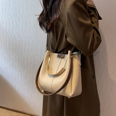 PU Leather Women's Bag Solid Crossbody Shoulder Bags Retro Bucket Hand