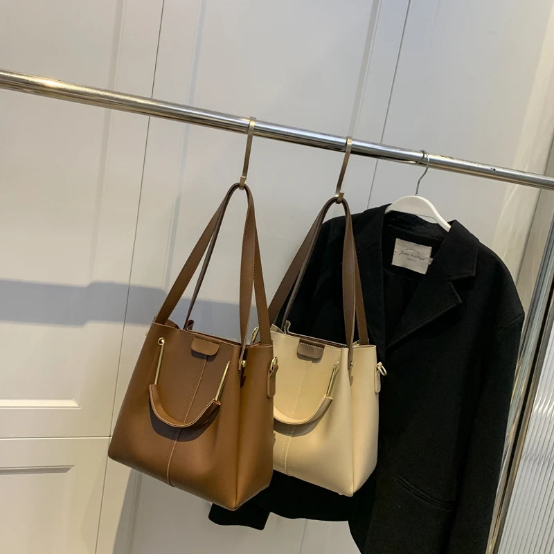 PU Leather Women's Bag Solid Crossbody Shoulder Bags Retro Bucket Hand