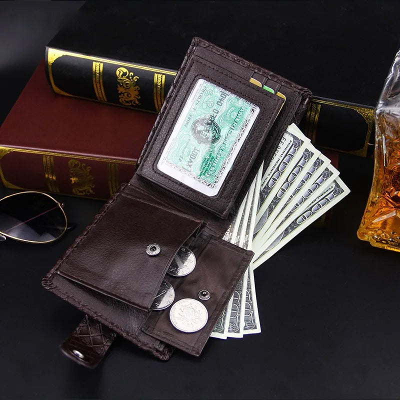 Woven Pattern Leather Men's Short Wallet with Zipper