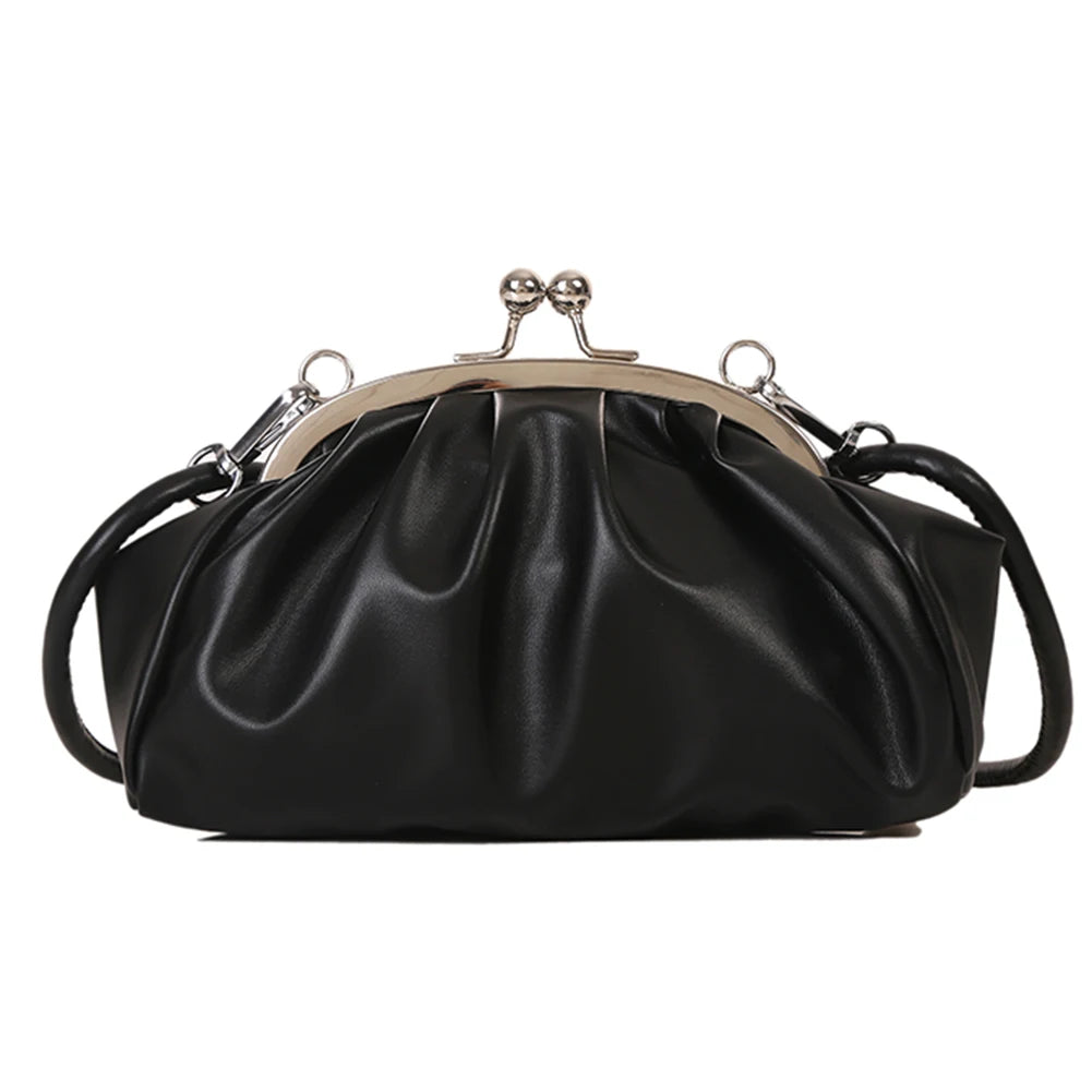 Metal Clip PU Shoulder Bag for Women Shell Shape Small Leather Pleated Cloud