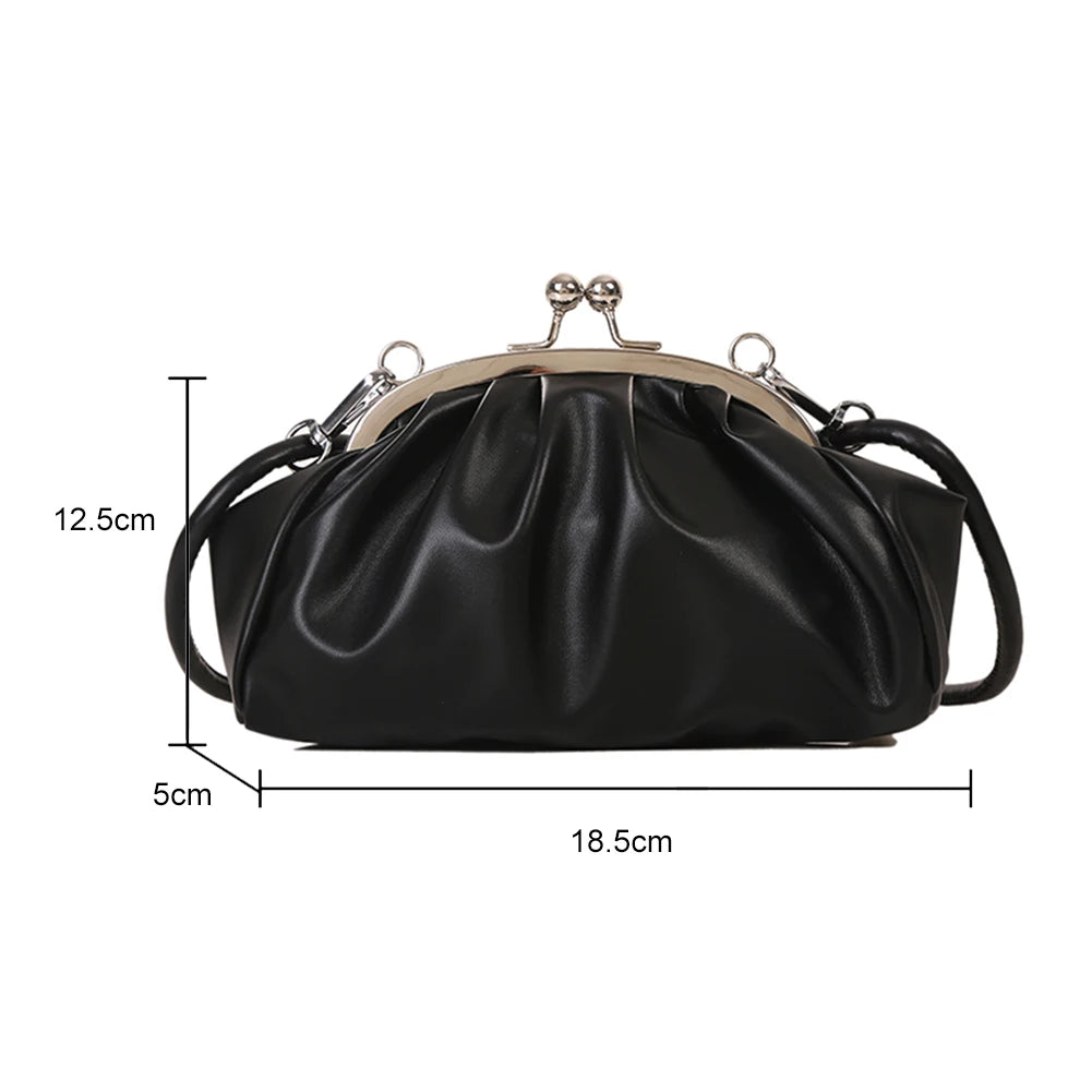 Metal Clip PU Shoulder Bag for Women Shell Shape Small Leather Pleated Cloud