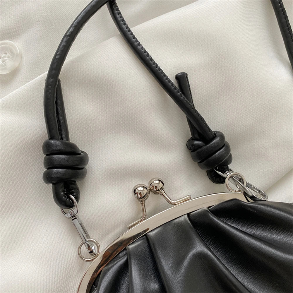 Metal Clip PU Shoulder Bag for Women Shell Shape Small Leather Pleated Cloud