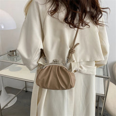 Metal Clip PU Shoulder Bag for Women Shell Shape Small Leather Pleated Cloud