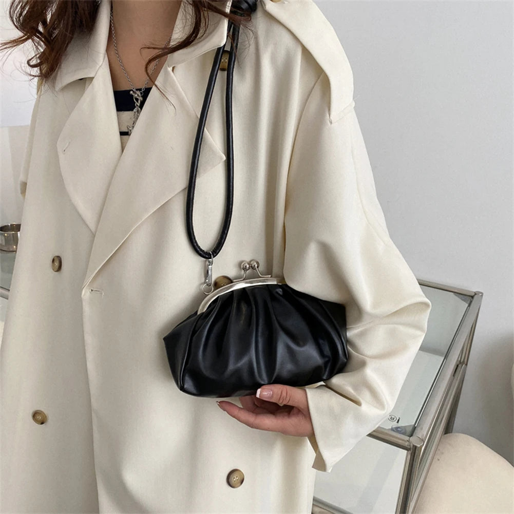Metal Clip PU Shoulder Bag for Women Shell Shape Small Leather Pleated Cloud