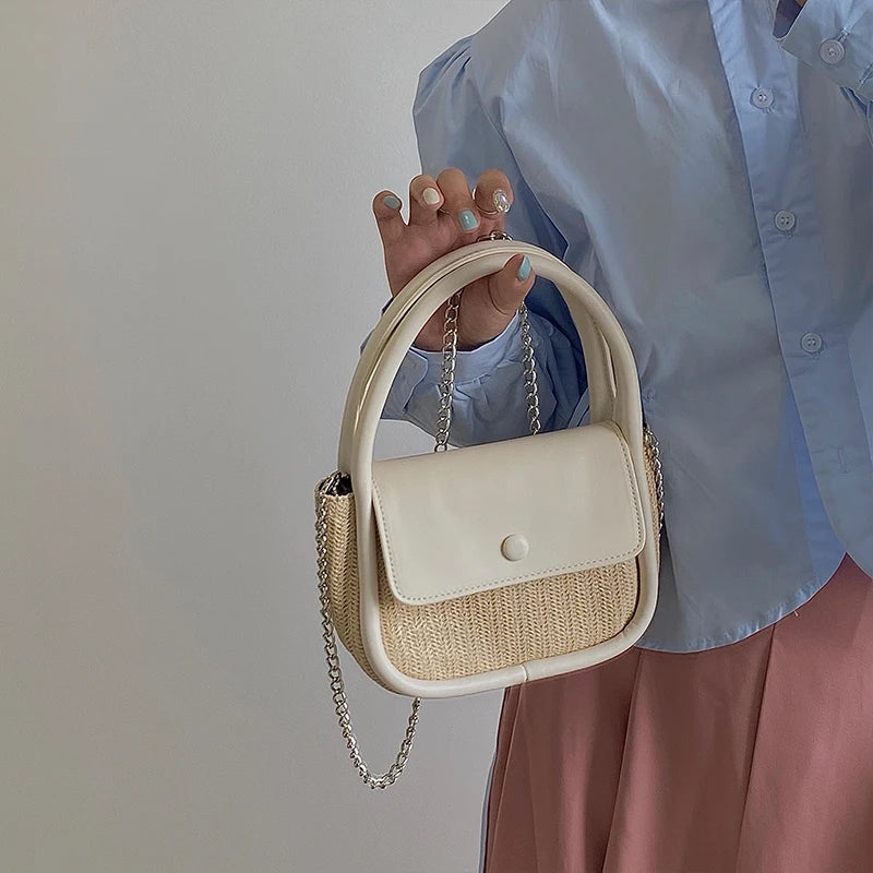 PU Splicing Straw Women Handbags Shoulder Bags Chain Tote