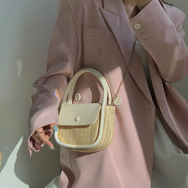 PU Splicing Straw Women Handbags Shoulder Bags Chain Tote