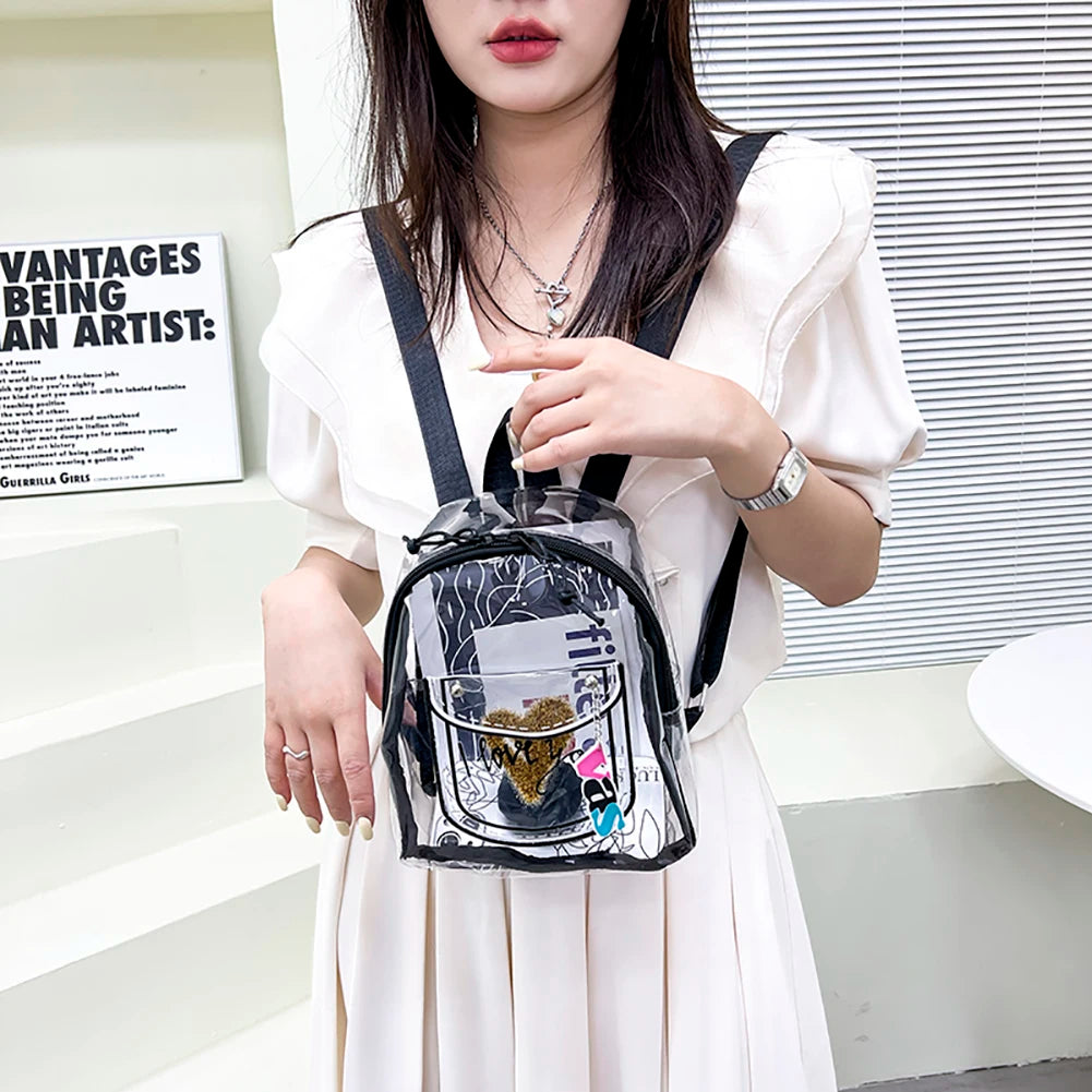 PVC Transparent Backpack Letter Love Women Girl Travel Small Shoulder Schoolbag