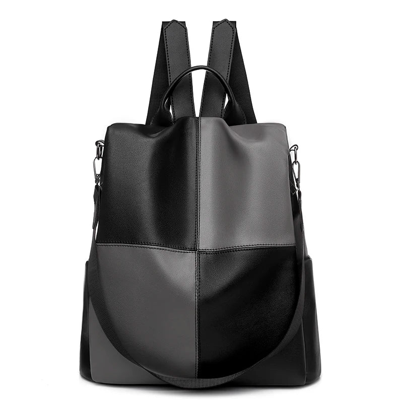 Patchwork Women Backpack PU Leather Shoulder Bag Waterproof Bookbag