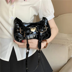 Vintage Patent Leather Women Underarm Bag Crocodile Pattern Female Handbags