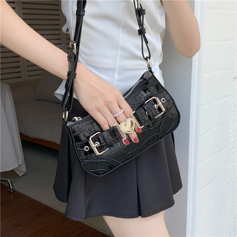 Vintage Patent Leather Women Underarm Bag Crocodile Pattern Female Handbags
