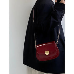 Red Patent Leather Heart Messenger Bag Retro Small Shoulder Chain Saddle Bag