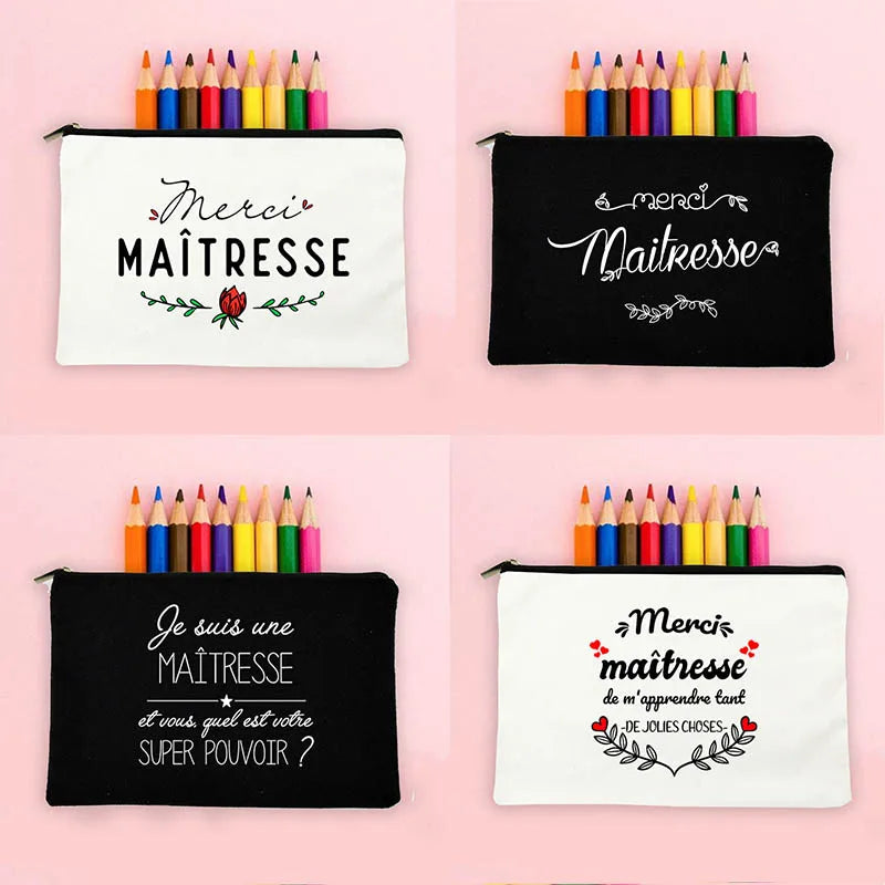 French Print Pencil Case Wash Pouch Teacher Storage Bags