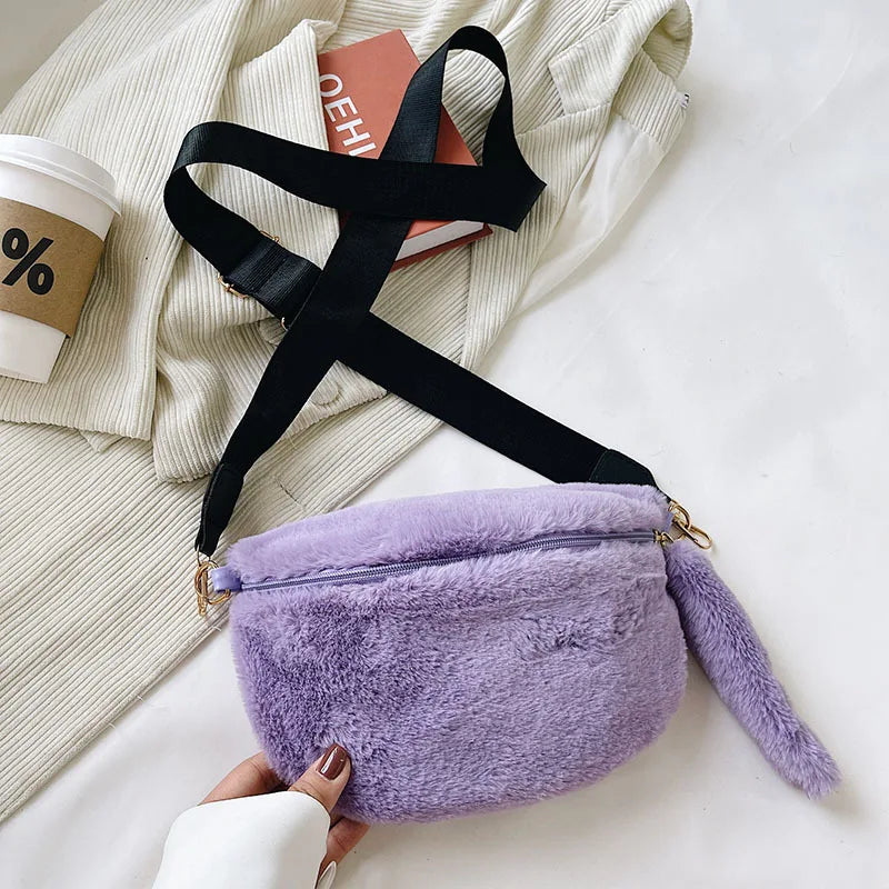 Winter Women Waist Bag Plush Crossbody Bag Solid Faux Fur Waist Pack