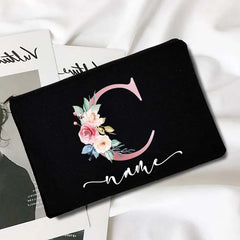 Personalized Name Letter Print Makeup Bag Organizer Wash Storage Pouch