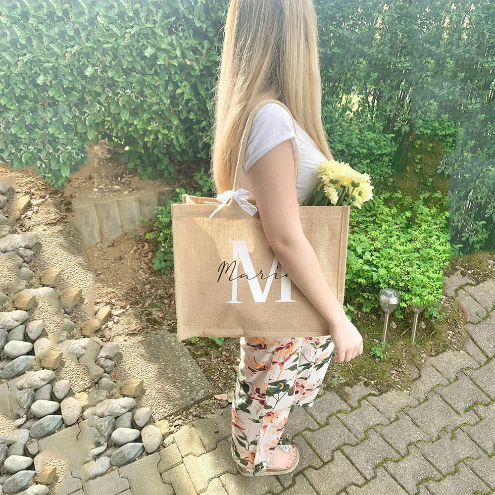 Custom Initials Jute Tote Bag for Mom Birthday