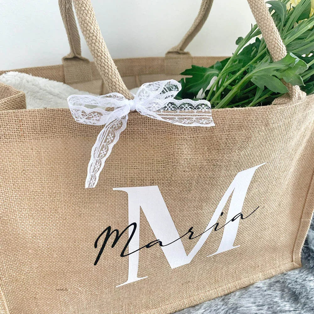 Custom Initials Jute Tote Bag for Mom Birthday