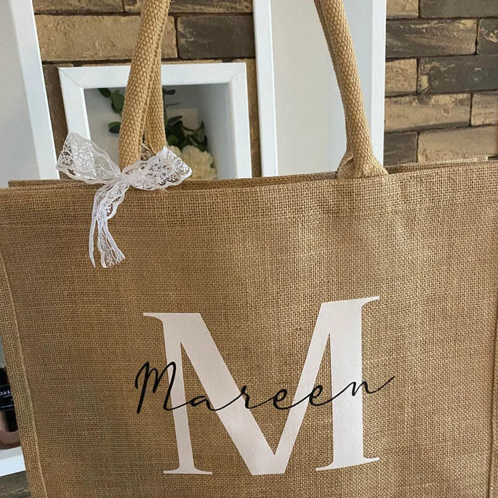 Custom Initials Jute Tote Bag for Mom Birthday