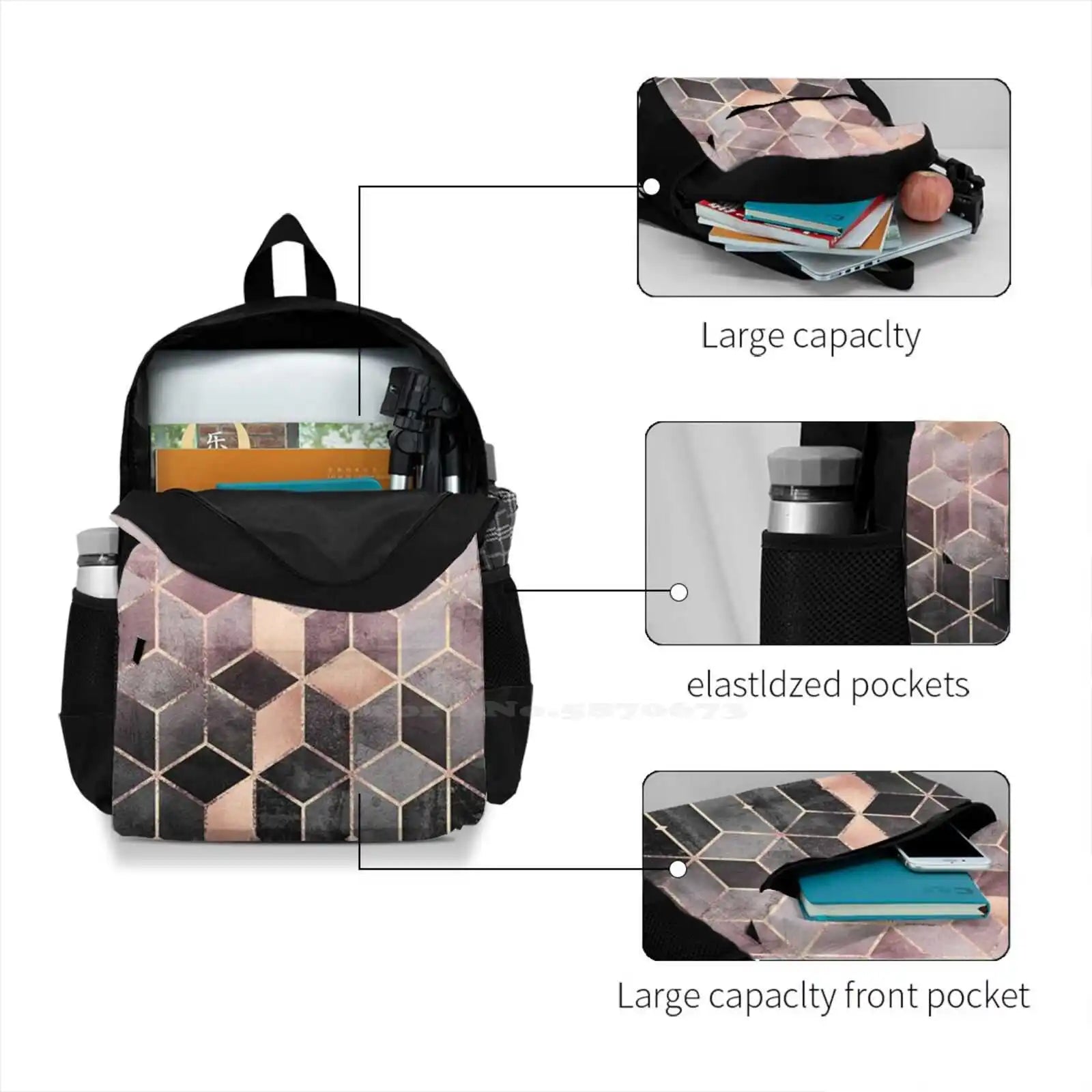 Pink Grey Gradient Cubes 3D Print Backpack Abstract Geometric Pattern