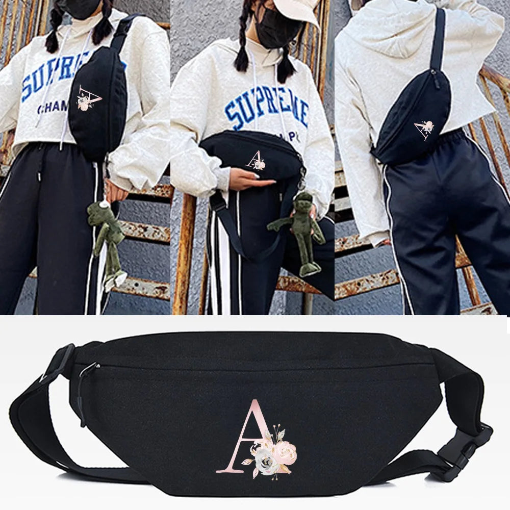 Pink Flower P Print Waist Bag Chest Packs Outdoor Sports Crossbody Bag