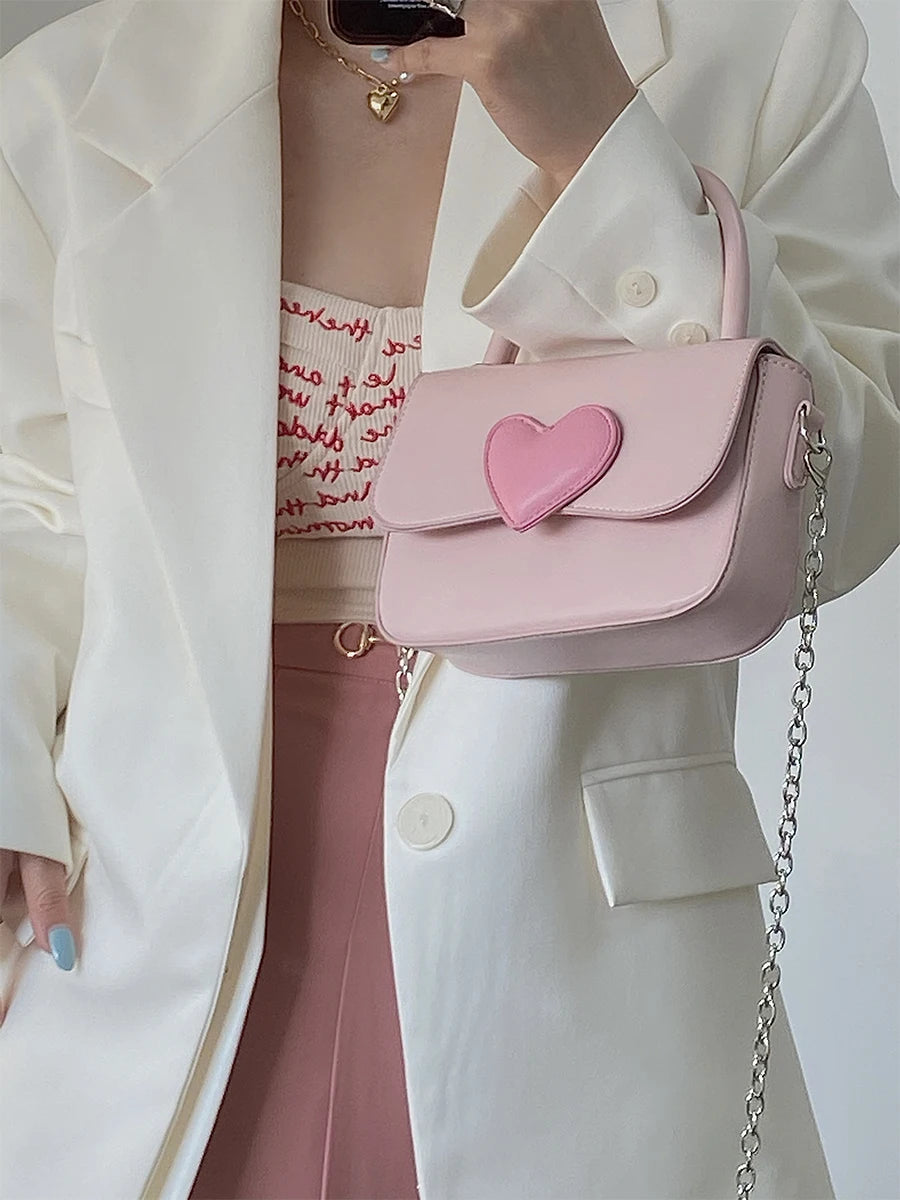 Pink Heart Girly Small Square Shoulder Bag Love Women Tote Purse Handbags