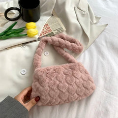 Pink Heart Lady Faux Fur Shoulder Bag Winter Warm Furry Plush Crossbody Purse
