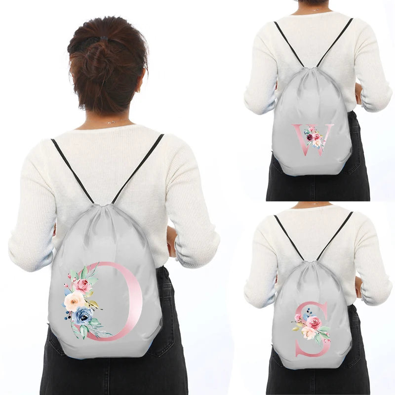 Pink Letter Print Sports Bag Drawstring Backpack Women Waterproof