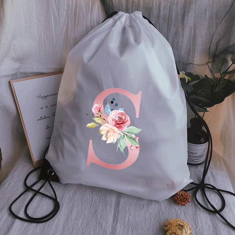 Pink Letter Print Sports Bag Drawstring Backpack Women Waterproof