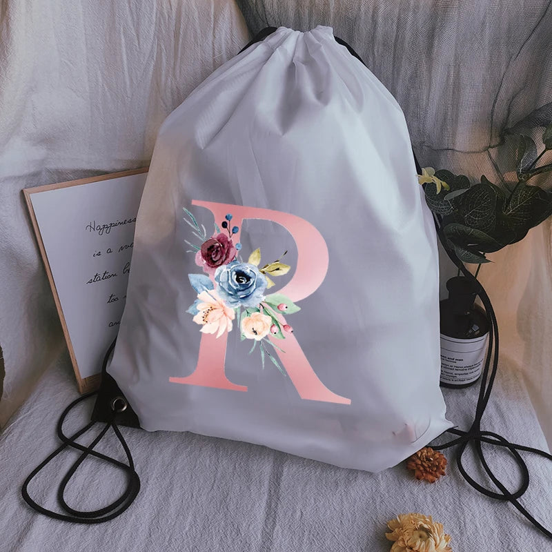 Pink Letter Print Sports Bag Drawstring Backpack Women Waterproof